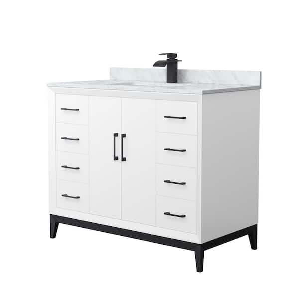 Wyndham Collection Amici 42 in. W x 22 in. D x 35.25 in. H Single Bath Vanity in White with Matte Black Trim with White Carrara Marble Top