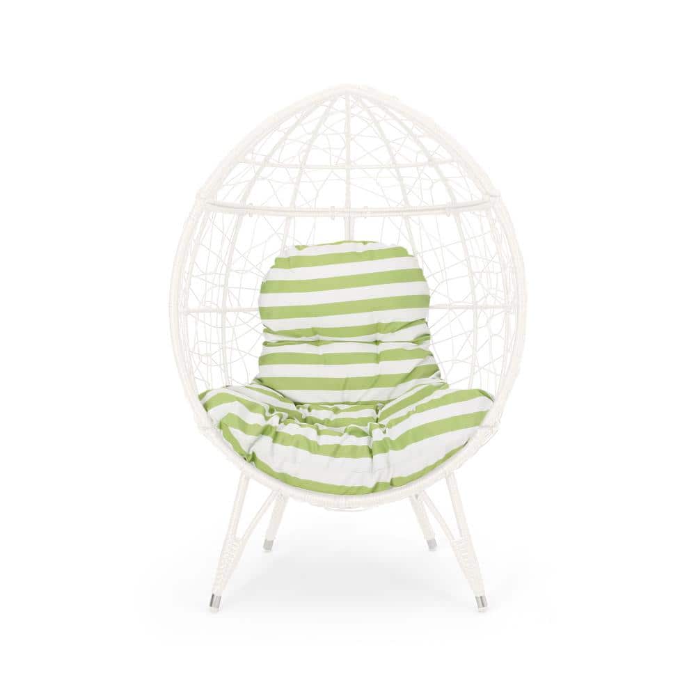 White Wicker Outdoor Patio Swing Egg Chair with Green Cushions