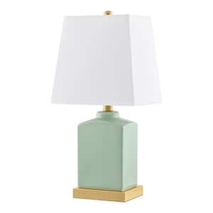Oakman 18.5 in. Ceramic Green Indoor Table Lamp with White Fabric Shade