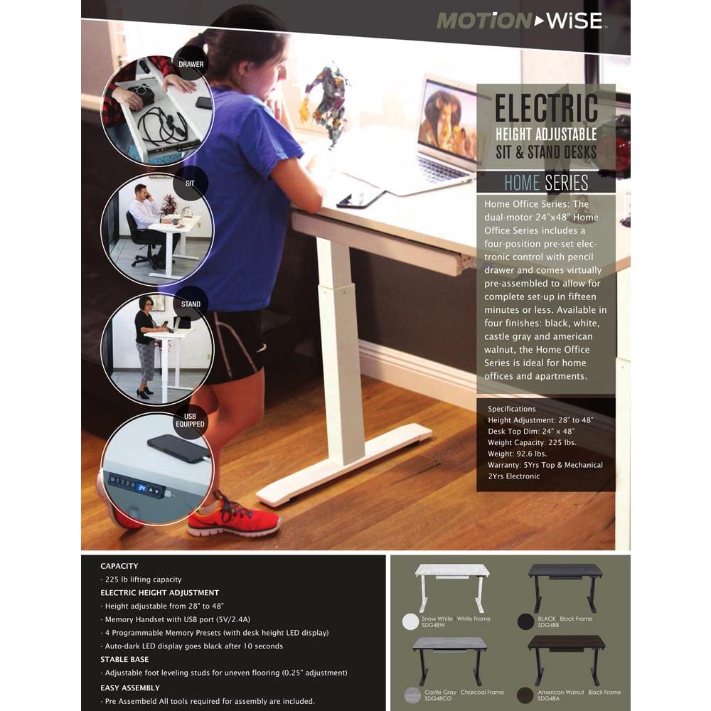 Sculpted White Electric Adjustable Desk with USB Port, 24"x48"
