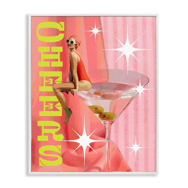 Stupell Industries Cheers Retro Drink & Swimmer by Daphne Polselli White Framed Food Giclee Art Print 20 in. x 16 in.