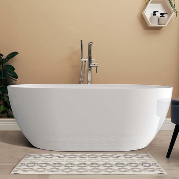 Getpro 67 in. x 29.5 in. Acrylic Freestanding Bathtub Oval Flatbottom Soaking Tub with Center Drain Free Standing Tub in White