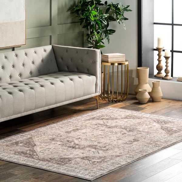 Brielle Machine Washable Vintage Medallion Brown Doormat 3 ft. x 5 ft. Accent Rug