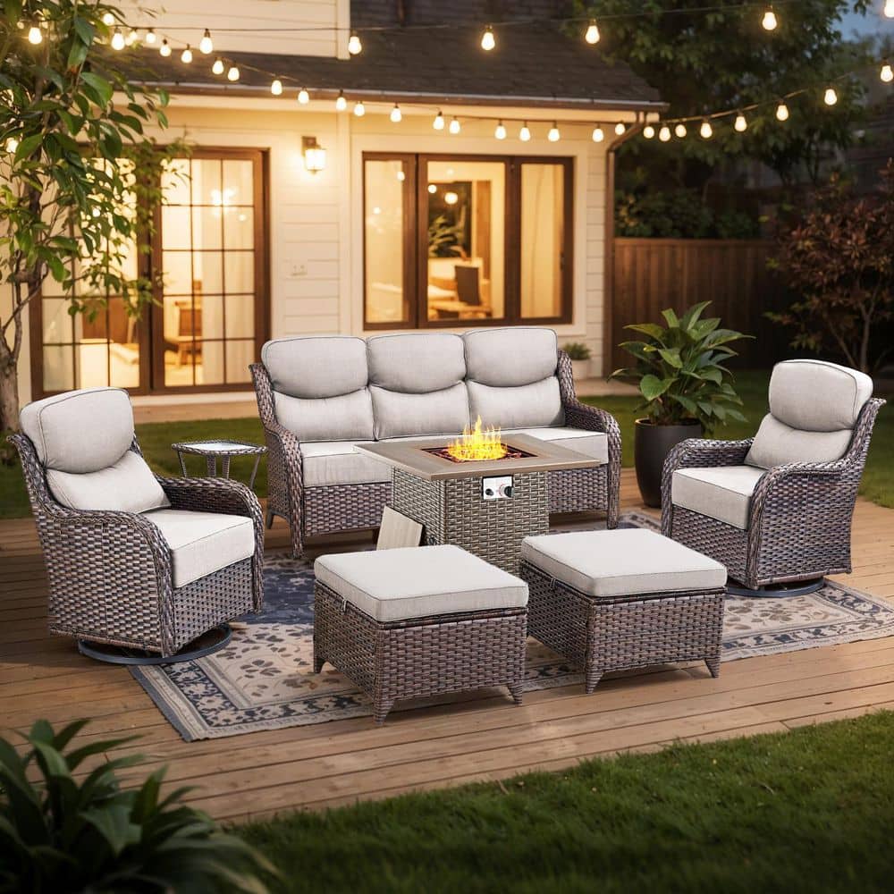 Holion 7-Piece Outdoor Conversation Set with Fire Pit Table, Wicker Swivel Rocker Chairs Patio Couch with Beige Cushions price history on PriceWatchPro