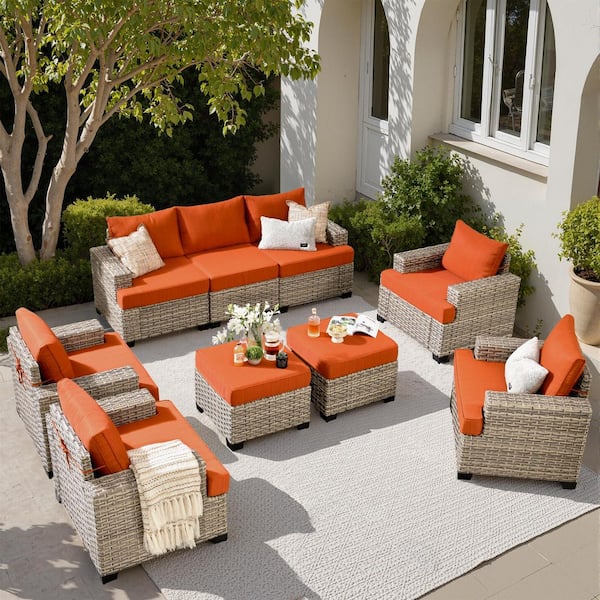 XIZZI Repose 9-Pieces Wicker Outdoor Patio Conversation Seating Set with Orange Red Cushions