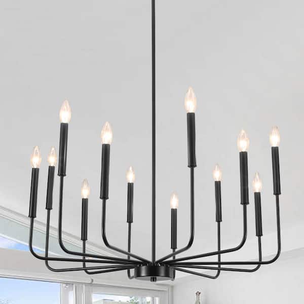 12-Light Black Candlestick Hanging Island Linear Chandelier Lighting for Kitchen Island