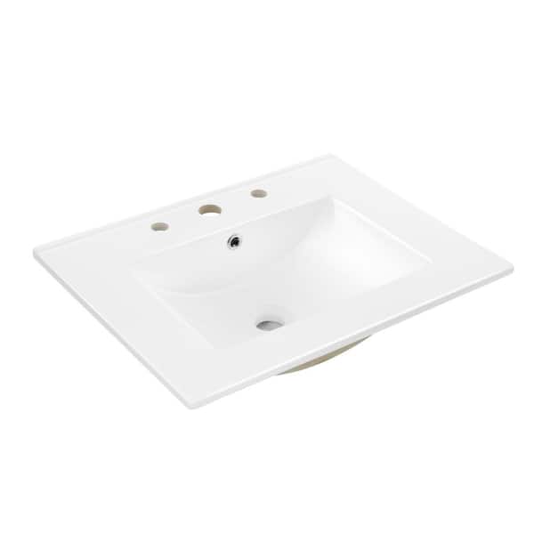 JONATHAN Y Ancillary 3-Hole 24 in. W x 18.25 in. D Classic Contemporary Rectangular Ceramic Single Sink Basin Vanity Top in White