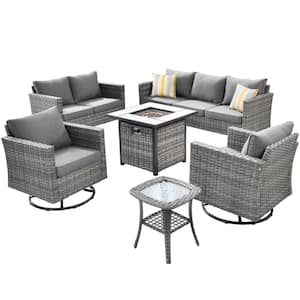 Michigan 6-Pcs Wicker Outdoor Patio Fire Pit Seating Sofa Set and with Dark Gray Cushions and Swivel Rocking Chairs