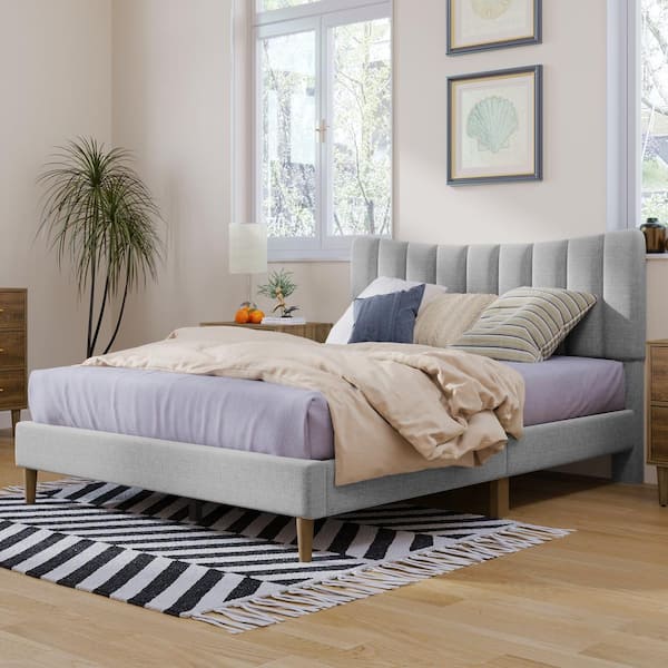 Harper & Bright Designs Gray Wood Frame Full Size Upholstered Platform Bed with Vertical Channel Tufted Headboard and Stable Rubber Wood Legs