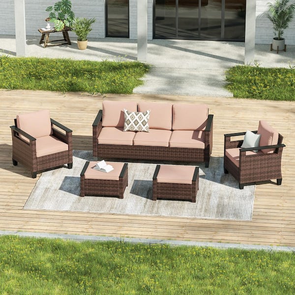 5-Pieces Patio Conversation Set with Ottomans Wide Armrests Sofa Brown PE Wicker with Sand Cushions