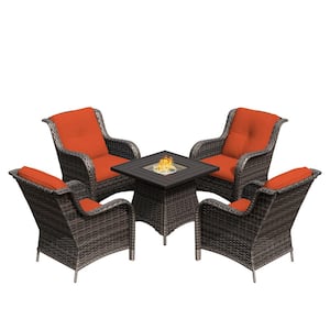 5-Piece 4-Seat Rattan Wicker Patio Conversation Set with Orange Cushions and Fire Pit Table