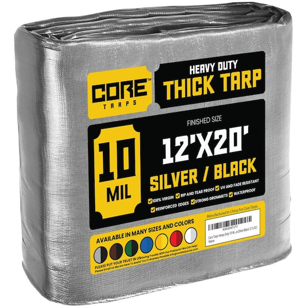 CORE TARPS 12 ft. x 20 ft. Silver/Black 10 Mil Heavy Duty Polyethylene Tarp, Waterproof, UV Resistant, Rip and Tear Proof