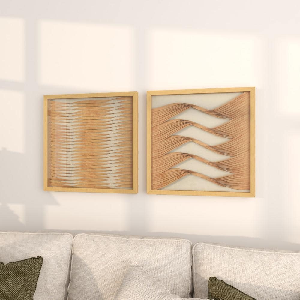 Large Brown Wood and Rattan Shadow Box Wall Art Set