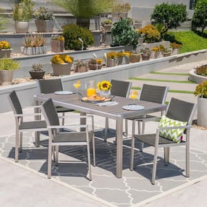 Cape Coral Silver 7-Piece Aluminum and Plastic Outdoor Dining Set with Gray Faux Wood Table Top