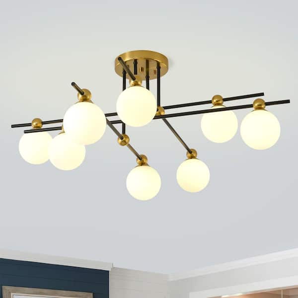 Modern 8-Light Gold and Black Sputnik linear Semi-Flush Mount Ceiling Light with Opal Glass Shades