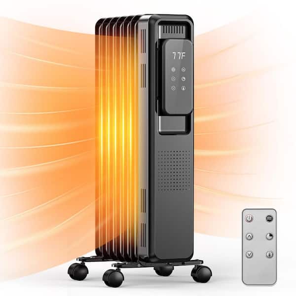 1500W Portable Electric Oil Heater with LCD Display and Anti-Tip Protection in Black