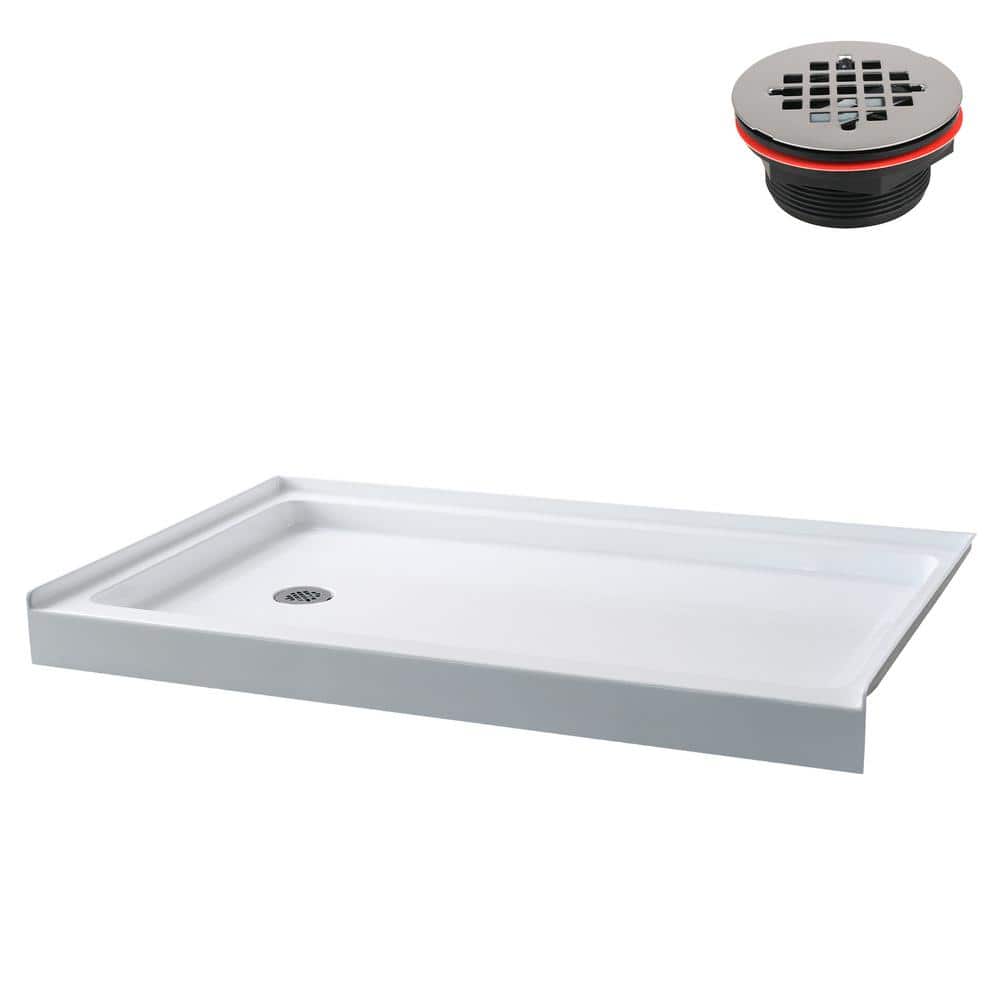 Glossy White Rectangular Acrylic Alcove Shower Base with Left Drain