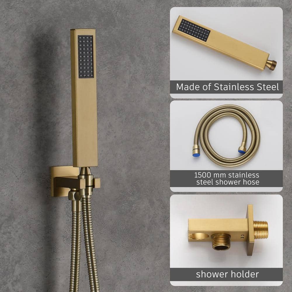 Brushed Gold Large Square Dual Rain Shower System with Handheld