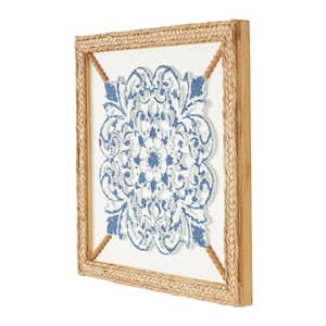 20 in. x 20 in. Wood Blue Relief Floral Wall Art Decor with Brown Woven Seagrass Frame and White Backing