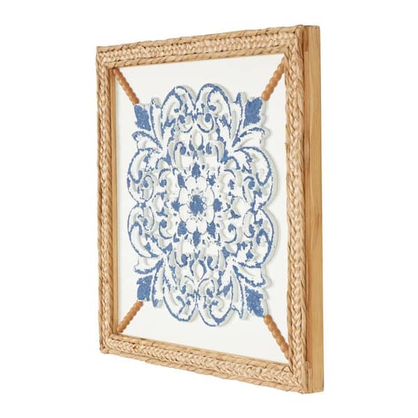 Litton Lane 20 in. x 20 in. Wood Blue Relief Floral Wall Art Decor with Brown Woven Seagrass Frame and White Backing