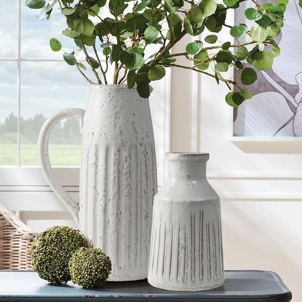 LuxenHome White Vintage Ribbed Terracotta Pitcher Vase with Handle