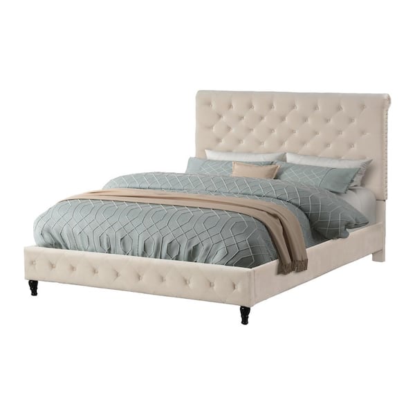 Best Master Furniture Beige Clover Velvet Queen Platform Bed with Nail Head Trim