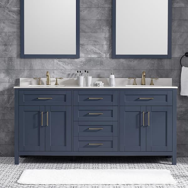 Tahoe 72 in. Double Sink Midnight Blue Bath Vanity with White Engineered Stone Top and Integrated Outlet (Assembled)