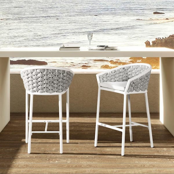 Rowan 27.5 in. Aluminum Rope Barrel Low Back Patio Counter Outdoor Bar Stool with Cushion (Set of 2) in Optic White
