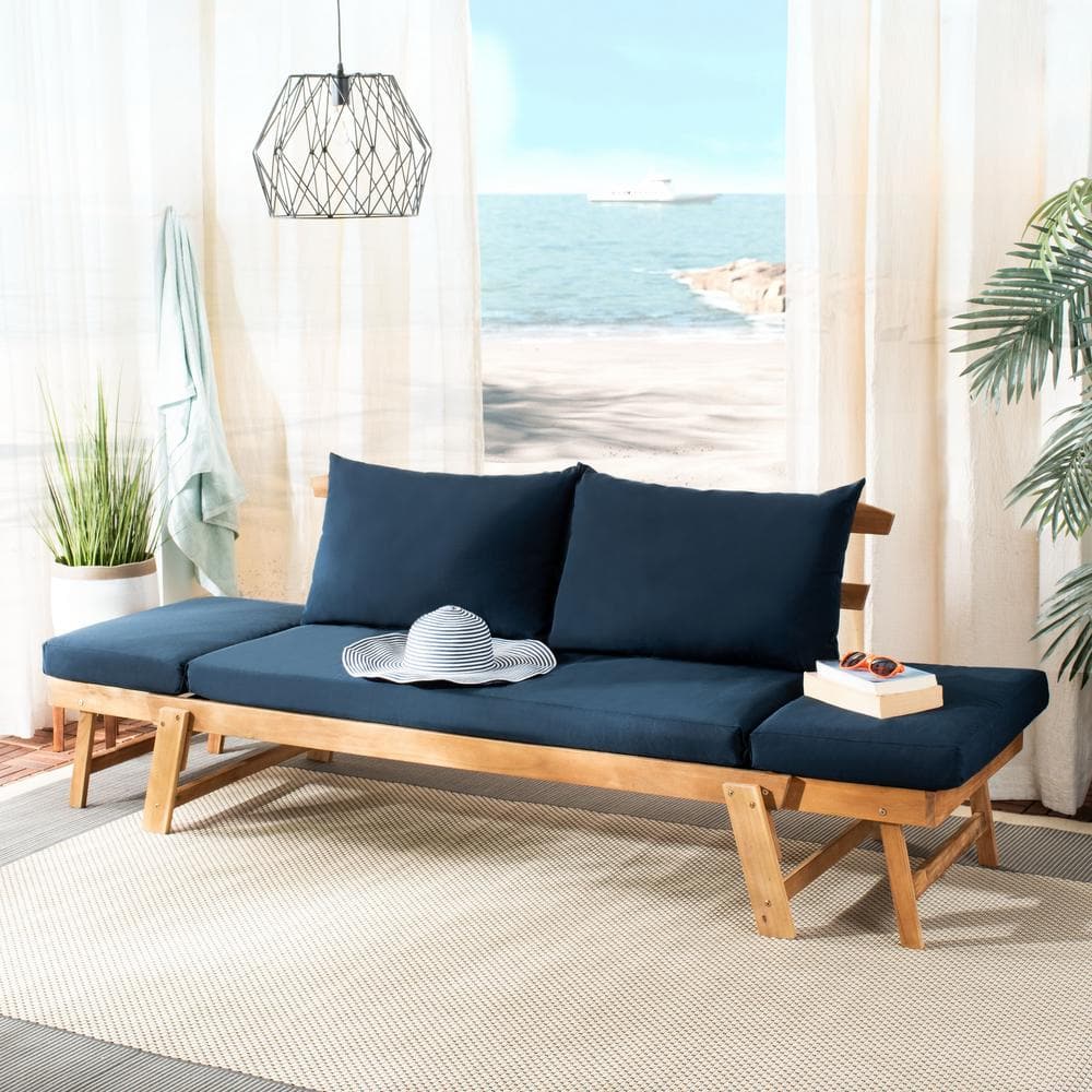 Natural Acacia Wood Daybed with Navy Cushions