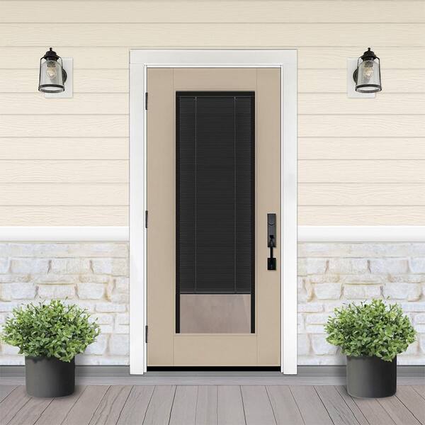 Legacy 28 in. x 77 in. Full Lite Clear Glass Noir Miniblind RHOS Sandstone Fiberglass Prehung Door w/4-9/16 in. Jamb
