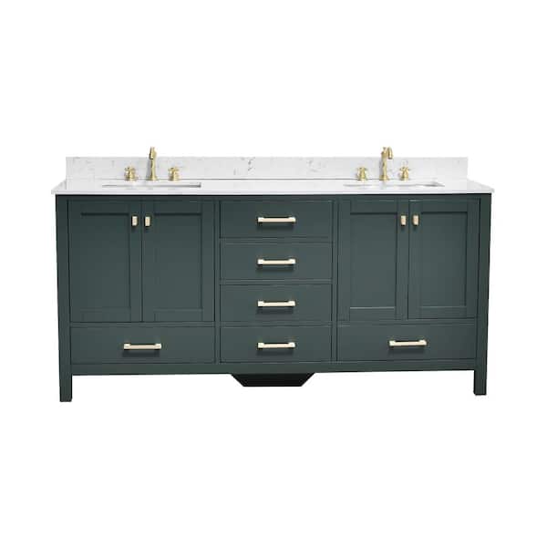 Bath Mist 72 in. W. Double Sink Freestanding Bath Vanity in Green with White Engineered Top