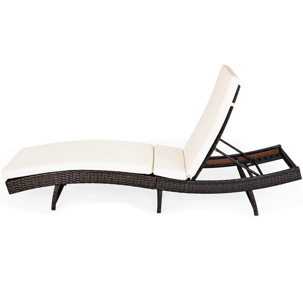 Adjustable White Cushioned Rattan Folding Chaise Lounge Chair