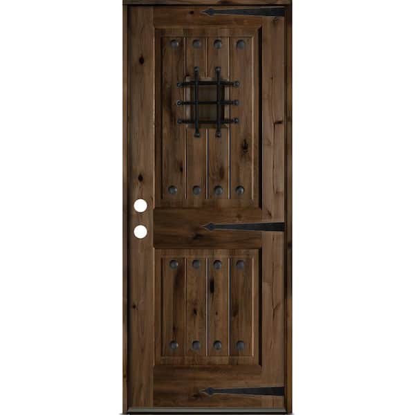 32 in. x 80 in. Mediterranean Knotty Alder Right-Hand/Inswing Glass Speakeasy Black Stain Solid Wood Prehung Front Door