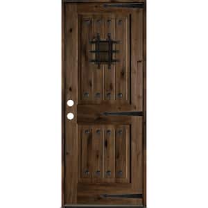 30 in. x 80 in. Mediterranean Knotty Alder Right-Hand/Inswing Glass Speakeasy Black Stain Wood Prehung Front Door