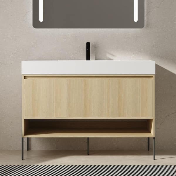 48 in. Single Sink Freestanding Oak Bath Vanity with White Resin Top, Multilayer Solid Wood