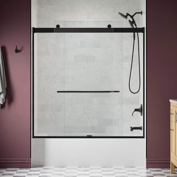 KOHLER Levity 57-60 in. W x 60 in. H Frameless Sliding Tub Door in Matte Black with 1/4 in. Thick Clear Glass