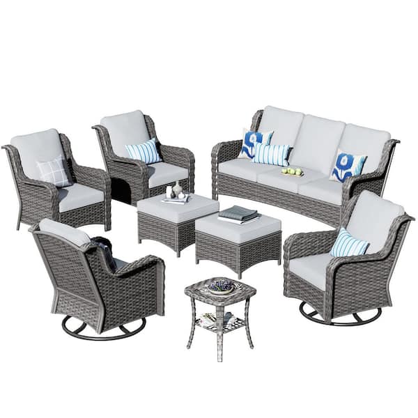 Oreille Grey 8-Piece Wicker Outdoor Patio Conversation Sofa Set with Swivel Rocking Chairs and Light Grey Cushions
