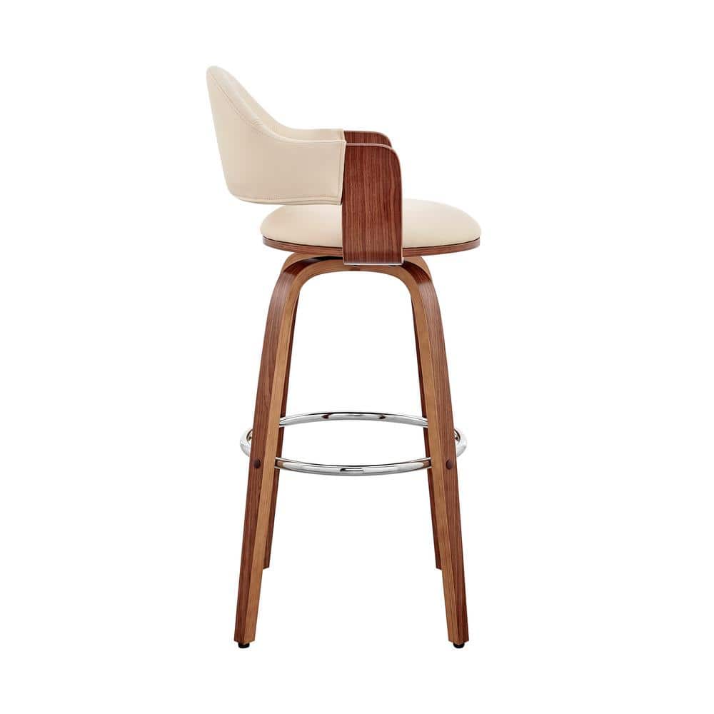 Cream Faux Leather and Walnut Wood Swivel Bar Stool