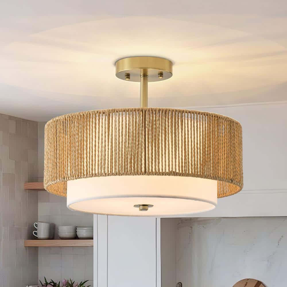 Boho Rope Semi Flush Mount Ceiling Light, Modern 3-Light Natural Woven Drum Ceiling Light with Fabric Shade for Bedroom price history on PriceWatchPro