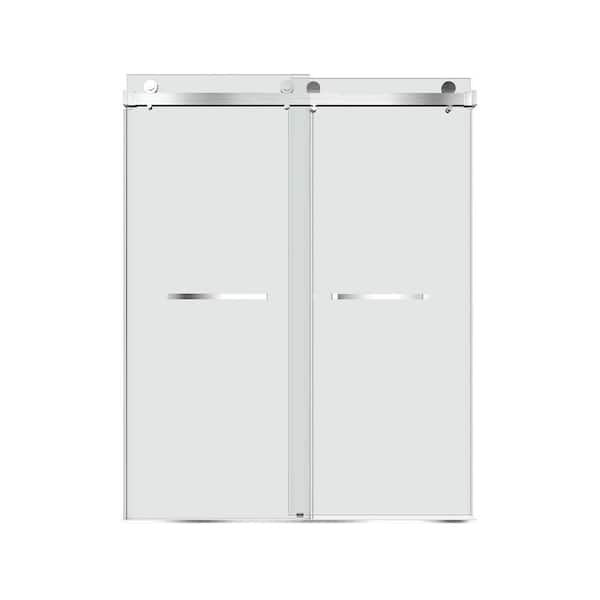 WELLFOR 60 in. W x 76 in. H Double Sliding Frameless Shower Door in Brush Nickel with 3/8 in. Clear Glass Bypass Trackless Doors