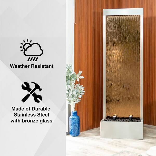 68 in. H Bronze Freestanding Waterfall Fountain w/ Decorative Rocks LED,Auto-Shut Off Pump Stainless Steel /Bronze Glass