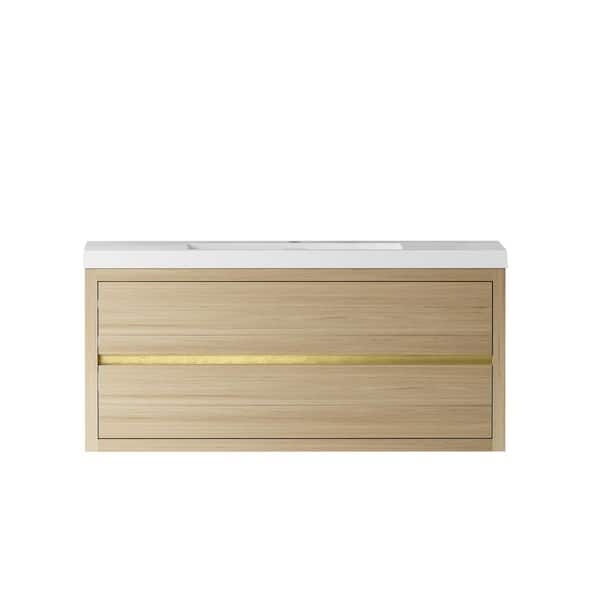 TCYO 48 in. Wall-Mounted Natural Oak Bath Vanity with Glossy White Solid Surface Top Assembled