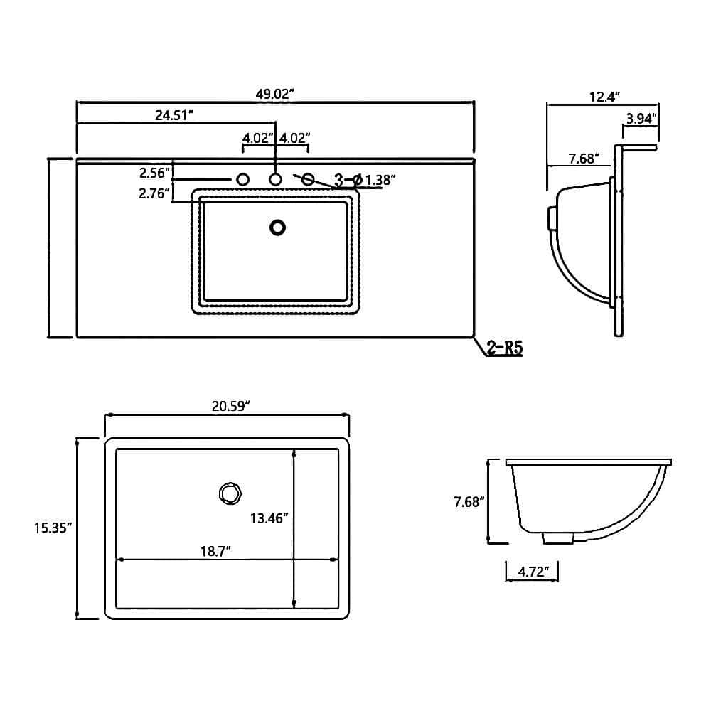 49 in. White Natural Marble Rectangular Single Sink Bathroom Vanity Top