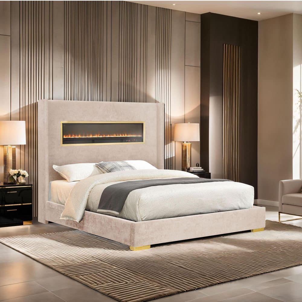 Kroff Beige Metal Frame Upholstered Queen Platform Bed with Fireplace Simulator And Bluetooth Audio price history on PriceWatchPro