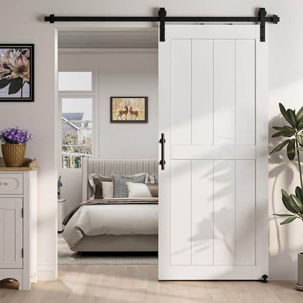 30 in. x 84 in. White H-shaped MDF Sliding Barn Door Slab with Hardware Kit