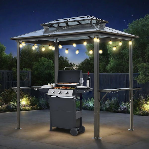 8 ft. x 5 ft. Outdoor Grill Gazebo Hardtop BBQ Gazebo with UV-Resistant Roof and Storage Hooks for Patio, Lawn, Garden