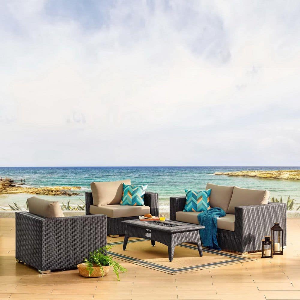 Convene Wicker Rattan 5-Piece Outdoor Patio Conversation Set with Fire Pit and Cushions in Espresso Mocha