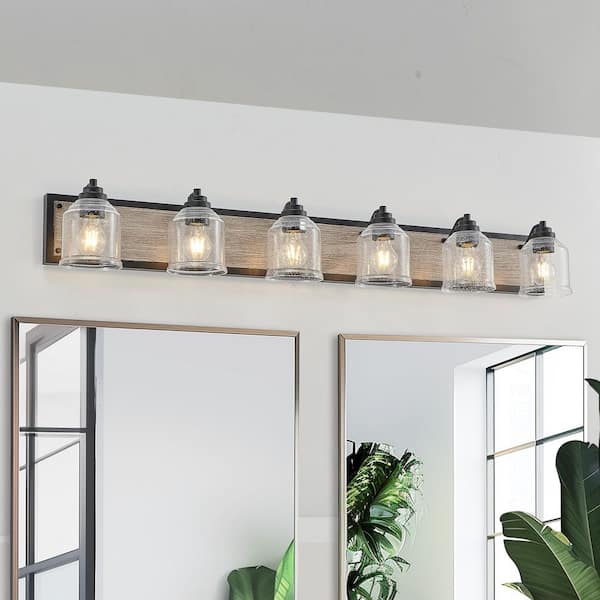 40 in. W 6-Light Vanity Light for Bathroom Black Wall Sconce with Clear Seeded Glass Shades, E26, No Bulbs Included