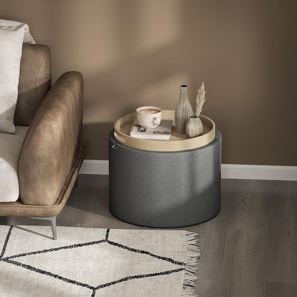 Storage Ottoman Coffee Table with Flip Top Tray, Round Foot Stool with Polyester Upholstery, Dark Gray