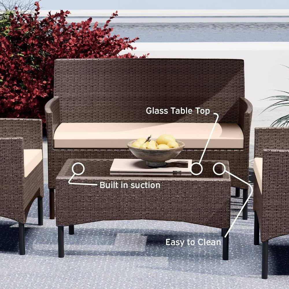 4-Piece Brown Wicker Outdoor Seating Set with Beige Cushions